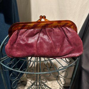 Vintage 1960’s Italian Leather Burgundy Lucite Handle Clutch
